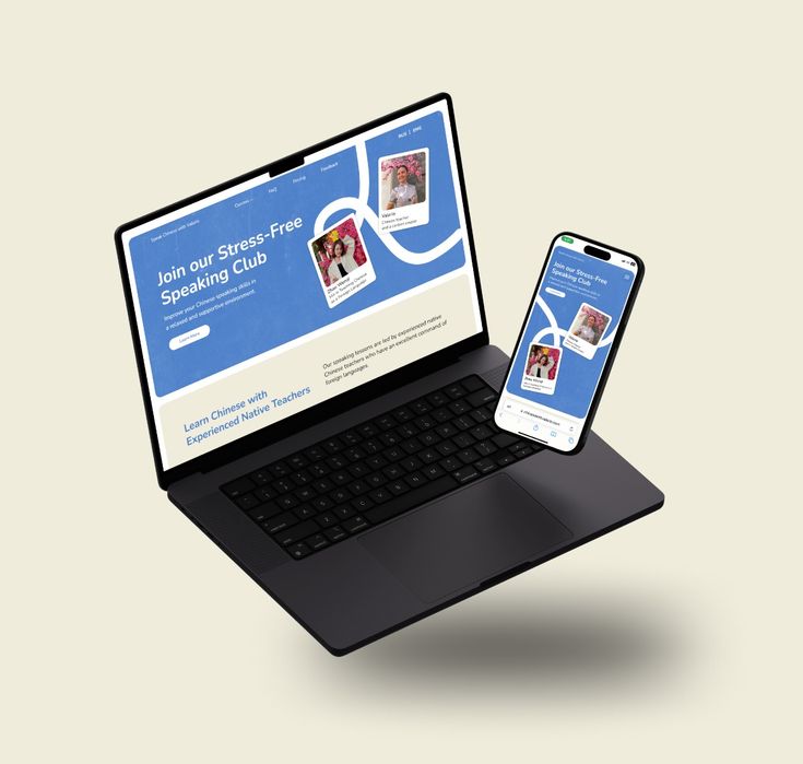 Tampilan website kursus bahasa pada laptop dan telepon genggam